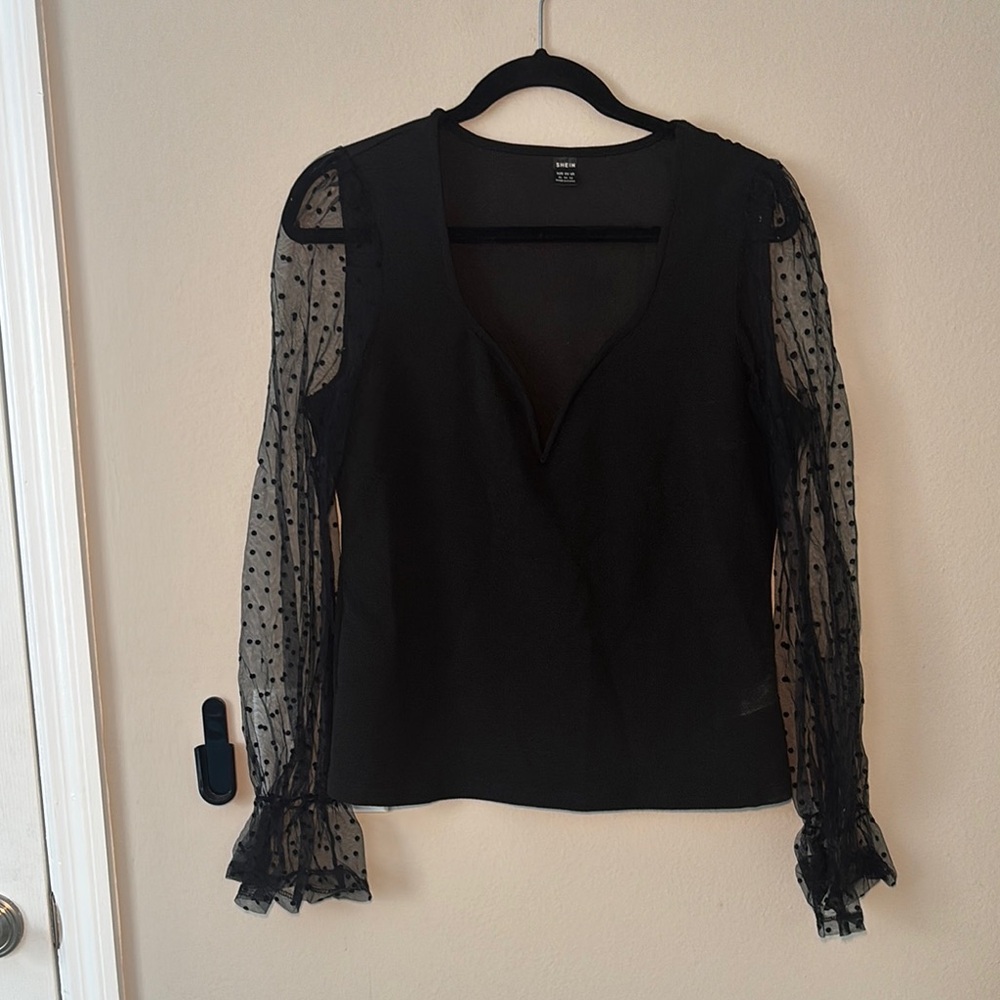 SHEIN Black Polka Dot Mesh Sleeve V-Neck Top
